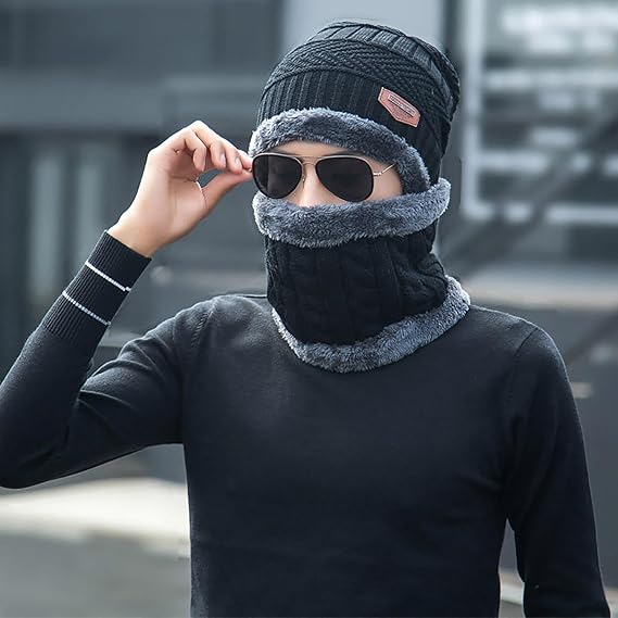 Couple Pack of 2 Combo - woolen winter beanie Head cap with neck warmer muffler for men and women (Black)